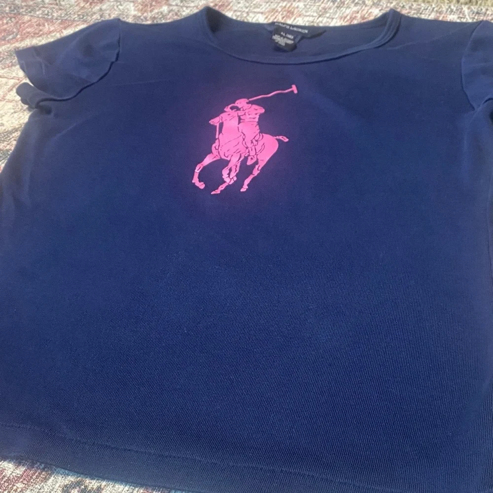 Ralph Lauren Navy Short-Sleeve Tee with Pink Horse Polo Logo 100% Cotton